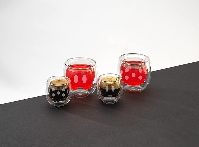 JoyJolt Mickey Pants and Minnie Skirt 3D 2oz Espresso Cups. Double Walled Espresso Glasses (2pc) Small Double Wall Glass Coffee Cups. Demitasse Cups, Espresso Measuring Cup or Liqueur Shot Glasses