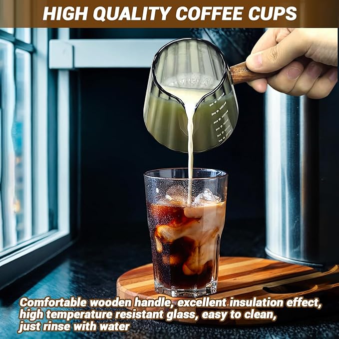 Espresso Measuring Cup 6 Oz, Espresso Glass Cups with Wood Handle, Milk Frothing Cup, Espresso Cup for Coffee, Milk, Tea or Maple Syrup Serving
