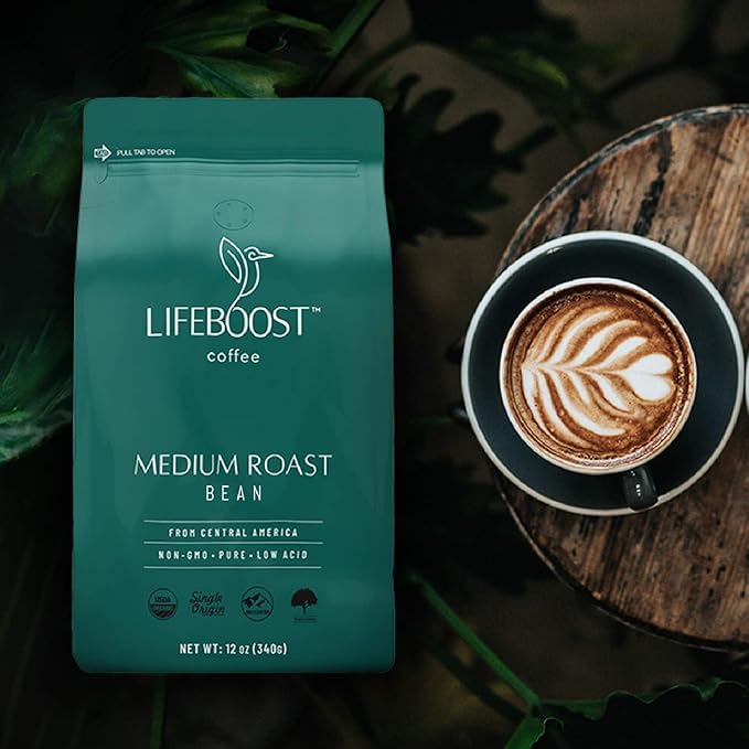 Lifeboost Organic Coffee Beans Medium Roast - Low Acid Single Origin Non-GMO Organic Whole Bean Coffee - Third Party Tested For Mycotoxins & Pesticides - 12 Ounces