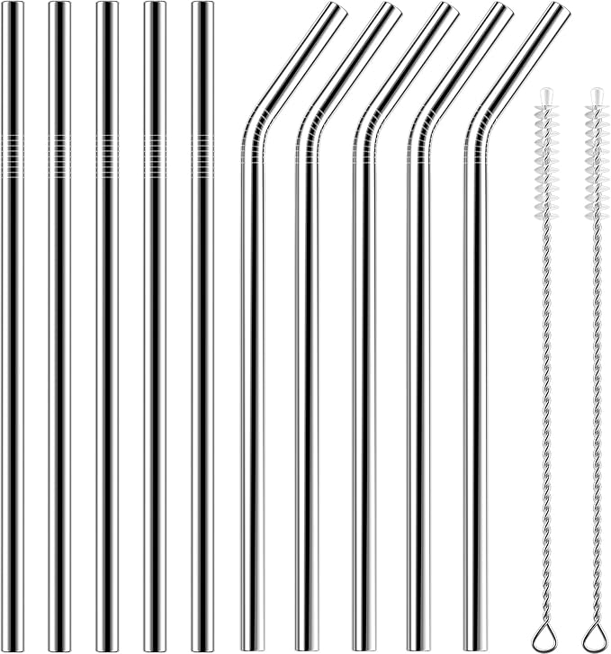 Set of 10 Stainless Steel Straws, HuaQi Bent Reusable Drinking Straws 10.5'' Long 0.24‘’ Dia for 30 oz Tumbler and 20 oz Tumbler, 2 Cleaning Brush Included