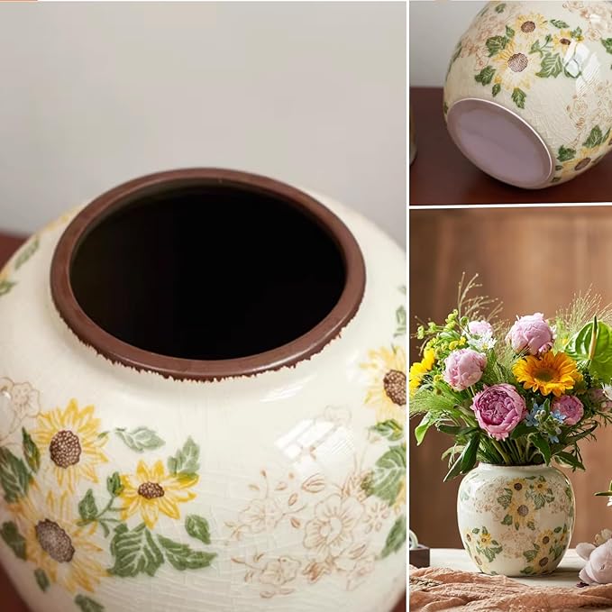 Round Pastoral Ceramic Vase, 6.3 Inch Chinoiserie Sunflower Yellow Floral Vases, Retro Ice Cracked Rustic Antique Flower Vases for Rustic Living Room Home Decor (Large Round)