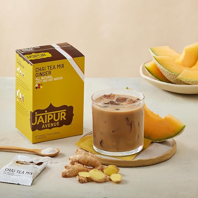 Jaipur Avenue Ginger Chai Tea Mix Crafted with All-Natural Assam Black Tea, Ginger, Cane Sugar, and Premium Dry Milk - Preservative-Free, Gluten-Free, Authentic Indian Chai Tea Latte (15 Servings)