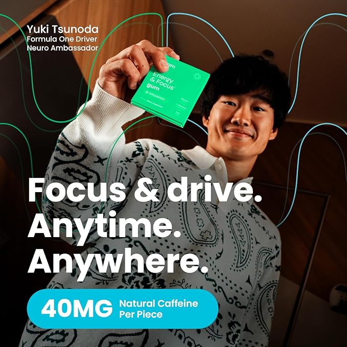 Neuro Energy & Focus Gum - 40mg Natural Caffeine Gum & Nootropic Energy Supplement with L-Theanine & B Vitamins - Sugar Free, Vegan - Spearmint, 54ct