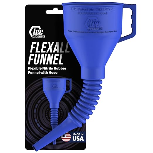 FlexAll Long Flexible Funnel for Automotive Use - Durable Nitrile Rubber - Ideal for Car Oil Change, Transmission Funnel Fluid, Diesel, Fuel, Gas - Made in USA - Blue (16 x 5 Inches)