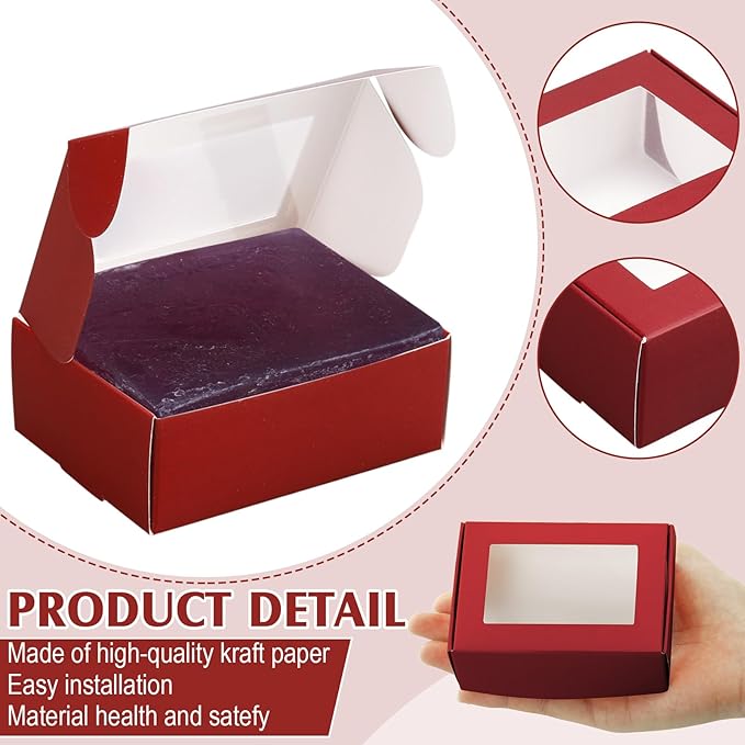 Zonon 30 Pcs Soap Boxes for Homemade Packaging, Mini Kraft Treat Boxes with Window for Bakery Candy Soap Making Gift Packaging(3.7 x 2.6 x 1.37 Inch,Burgundy)