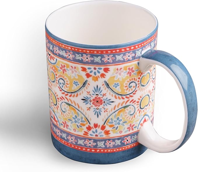 Maison d' Hermine Coffee Mug with Handles Fine Bone China Mugs Pack of One Tea Cups for Hot Beverages Cappuccino Latte Home Restaurant Office Perfect for Gift (Indian Floral - Butta, 15 Ounce)