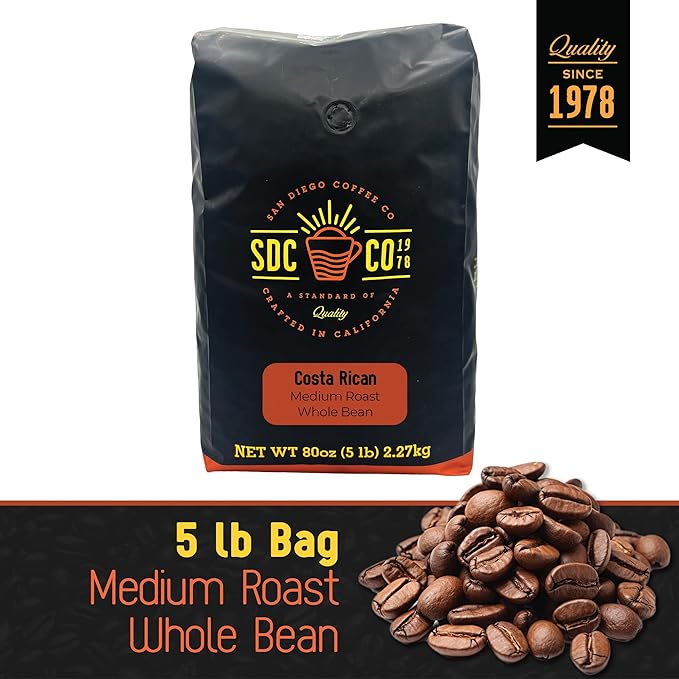 San Diego Coffee Costa Rican, Medium Roast, Whole Bean Coffee, 5-Pound Bag Café en grano tostado