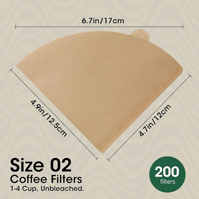 V60 Coffee Filters 02, ONIOU Unbleached Size 02 Cone Coffee Filters, 200 Count Natural Brown Pour Over Paper Filters for Hario V60 & Others 1–4 Cup Coffee Dripper