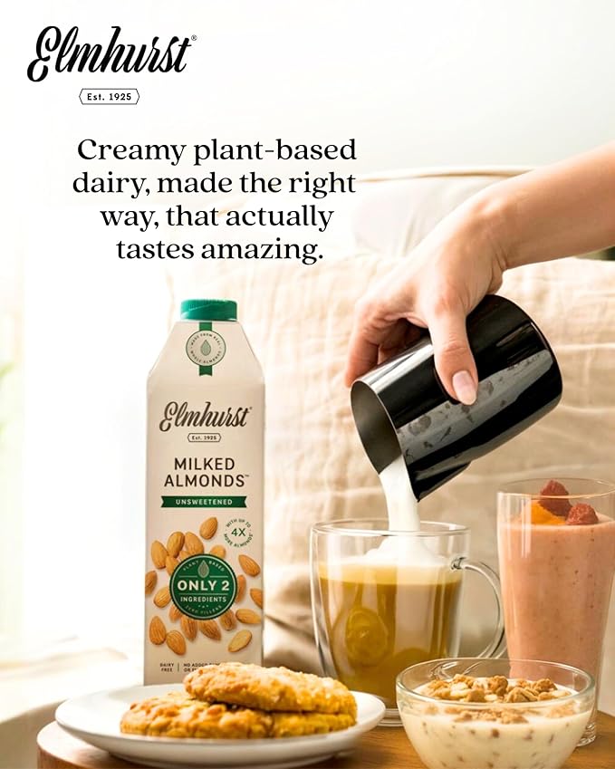 Elmhurst 1925 Unsweetened Almond Milk - 32 Ounce (Pack of 6) Dairy-Free, Vegan, Kosher, No Added Sugar, Shelf Stable Milk Made with Water & Almonds for Healthier, Simpler Plant-Based Alternatives