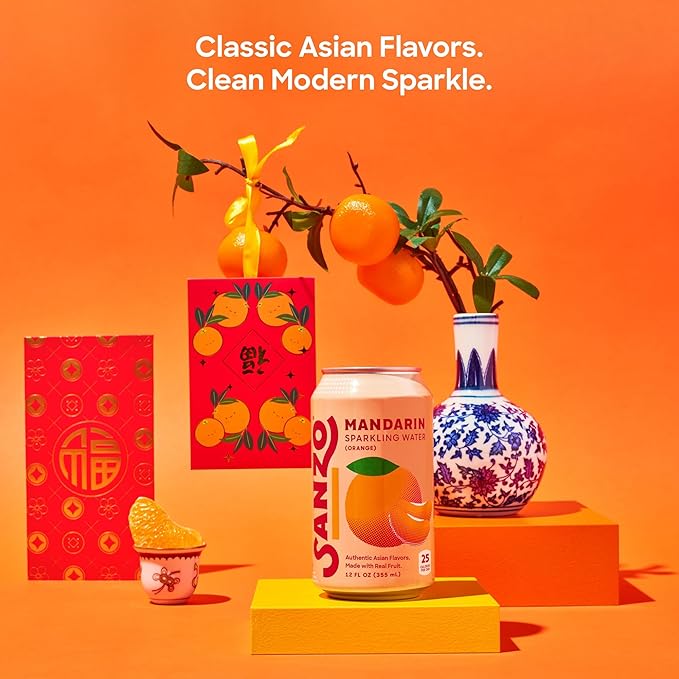 Sanzo Flavored Sparkling Water - Mandarin Orange Seltzer - Low Calorie Low Sugar Soda - Craft Asian Drinks - Vegan Gluten Free Carbonated Flavored Water - Fizzy Healthy Drinks - 12oz, 12 Pack