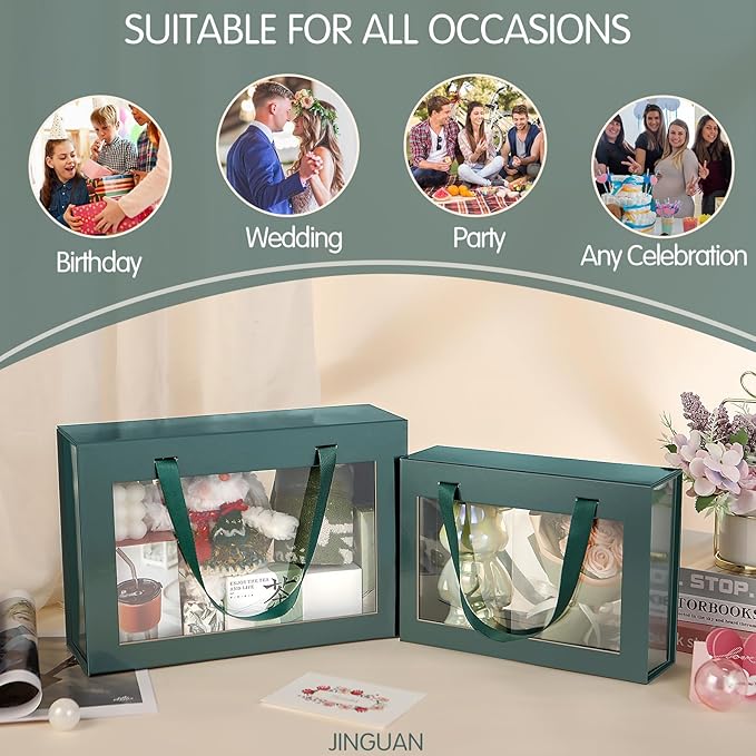 Large Green Clear Gift Boxes, 13.5x9x4.1 Inches Gift Boxes with Windows by Handles, Bridesmaid Proposal Boxes, Collapsible Gift Boxes with Magnetic Closure (Glossy Green, 5 Pack)