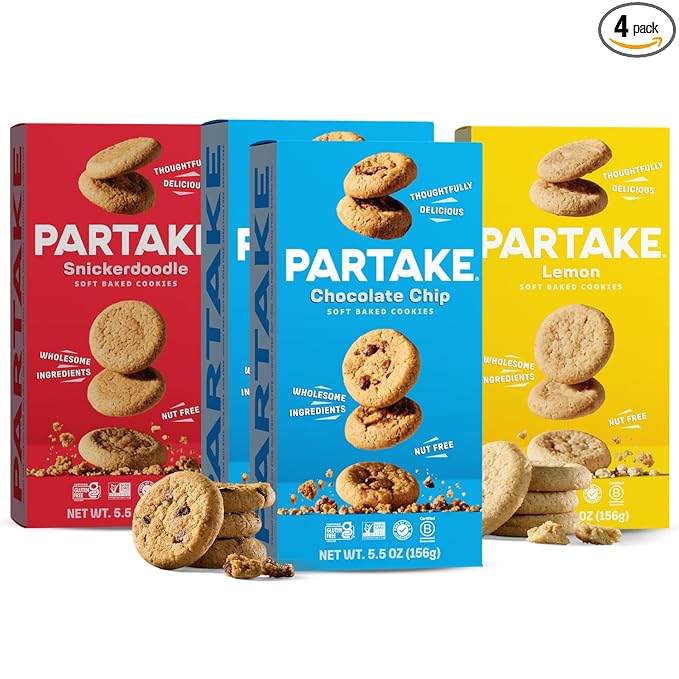 Gluten Free Partake Soft Baked Cookies Variety Pack (Chocolate Chip, Snickerdoodle, Lemon) - Vegan - Free From the Top 9 Allergens Including Dairy, Wheat, Soy, Eggs, & Peanuts - Non GMO - Safe School & Office Snack (4 Pack, 5.5oz Boxes)