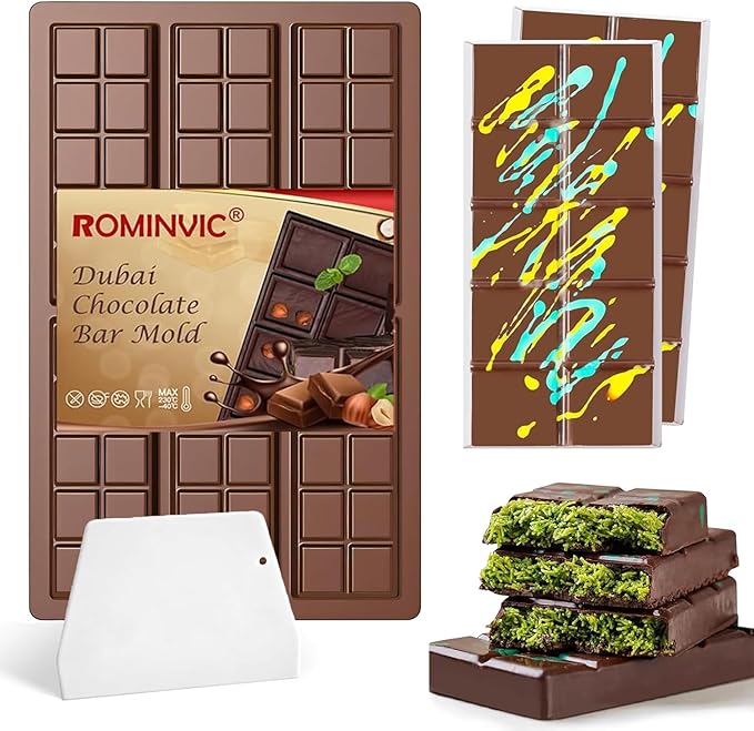 Chocolate Bar Mold,Dubai Chocolate Molds and Scraper for Stuffed Bar,Deep Large and Thick Chocolate Candy Bar Mold for Filling Knafeh Pistachio Kit