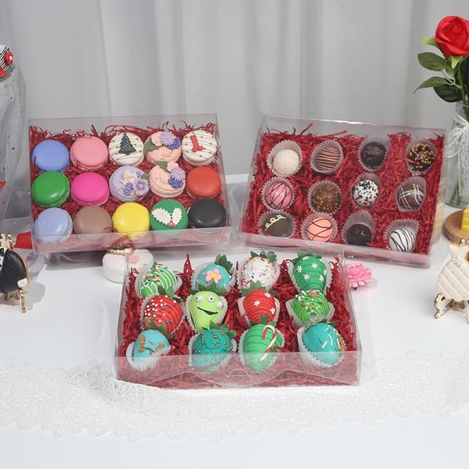 RomanticBaking 20PCS 10x7x2 inches Clear Strawberry Boxes Cookie Boxes Bakery Boxes Macaron Boxes Gift Boxes Treat Boxes for Party Favors