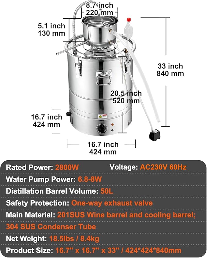 VEVOR Electric Alcohol Still 13Gal/50L,230V/60Hz, Alcohol Distiller, Distillery Kit for Alcohol include Pump & One-way Exhaust Valve & Thermometer