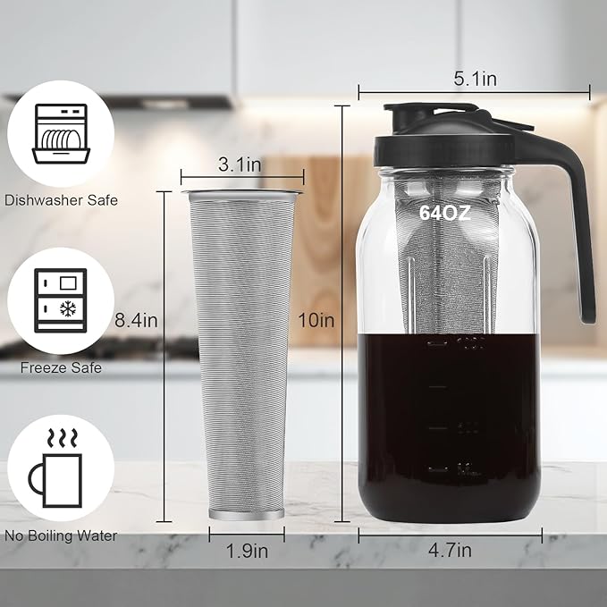 Cold Brew Coffee Maker Pitcher, 64oz Iced Coffee Tea Pitcher for Fridge with Stainless Steel Filter, 1/2 Gallon Glass Mason Jar Cold Brew Maker with Pour Spout Lid, Drying Mat, 2 Brushes, Leak-Proof