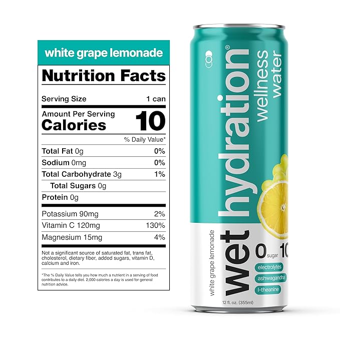 Wet Hydration Wellness Water | Electrolyte Drink with Ashwagandha & L-Theanine – White Grape Lemonade (12oz Cans, Pack of 12) | Zero Sugar, 10 Calories, Zero Bubbles, Functional Hydration