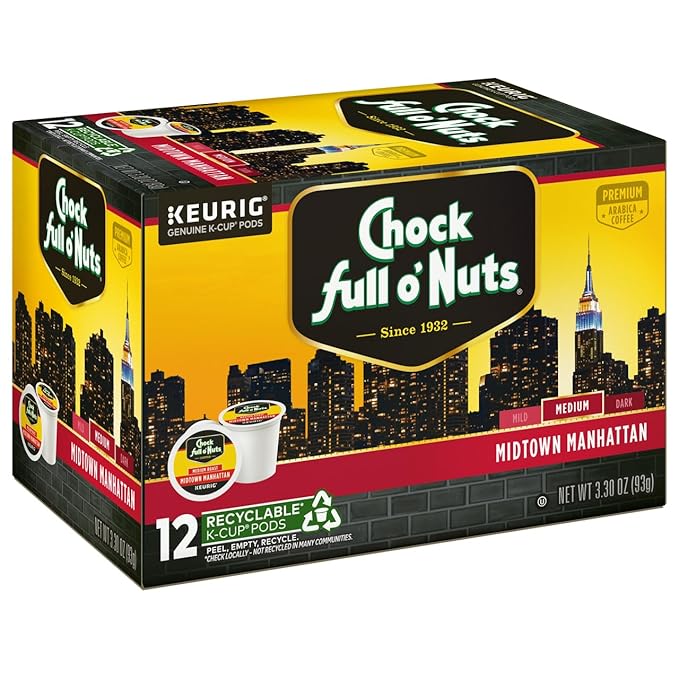 Chock Full o'Nuts Midtown Manhattan Coffee, Compatible with K-Cup Pods, 12 CT (Pack of 3)