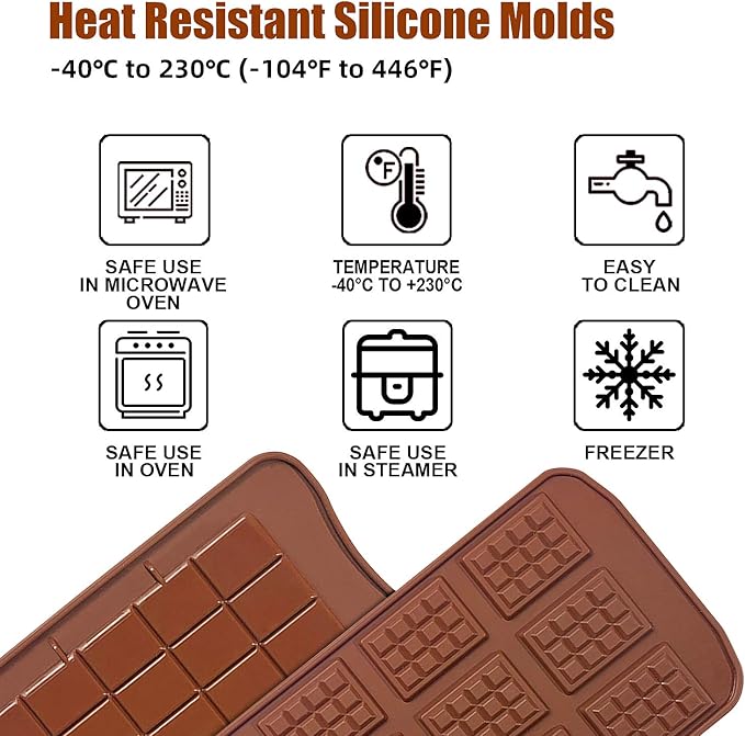 Walfos Break-Apart Chocolate Molds, Non-Stick Silicone Chocolate Bar Mold, Food Grade Candy Bar Mold, Perfect for Energy Bar, Cocoa Mini Bar, Basic Bites, 4 Pack