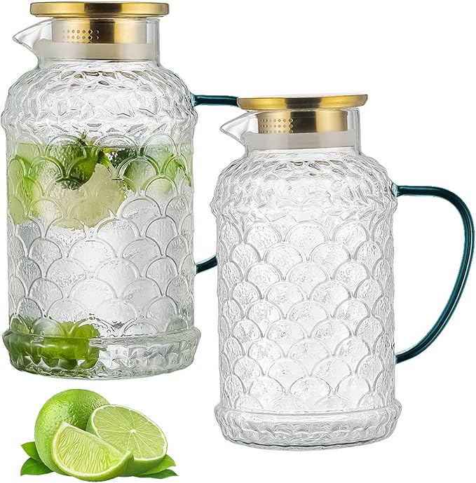 2 PACK Glass Pitcher with Lid,68 oz/2 Liter Fish Scale Design Water Pitcher,Clear Borosilicate Glass Water Carafe for Cold Brew, Coffee, Lemonade, Iced Tea,Heat Resistant Water Glass Jug