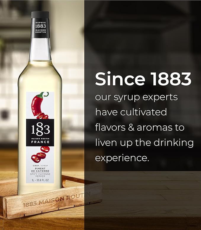 1883 Spicy Cayenne Pepper Syrup for Drinks, Made in France, 1 Liter Glass Bottle