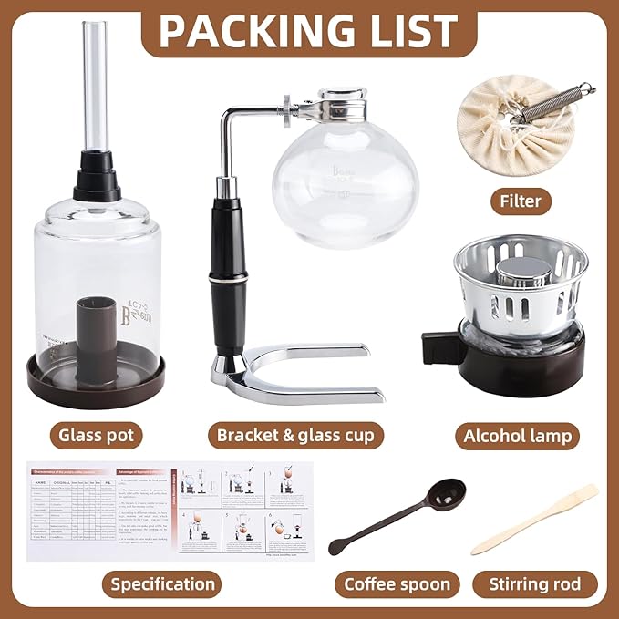 Amarine 5-Cup Tabletop Siphon Coffee Maker, 16 Ounce, Clear with Alcohol Burner (TCA-5)