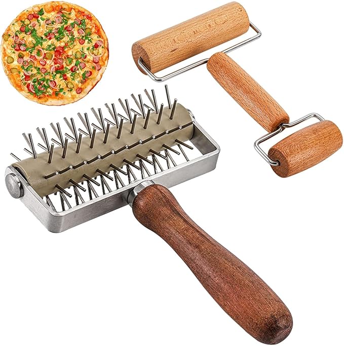 Dough Docker Roller Stainless Steel and Wooden Dough Roller, Set of 2 Pizza Pin Roller Dough Hole Maker Wood Pastry Pizza Roller for Pizza, Cookie, Pie, Pastry, Bread, Crust