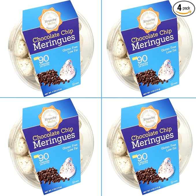 4 Pack Krunchy Melts Original Meringue Cookies | Chocolate Chip Flavor 4-Pack | Only 90 Calories Per Serving | Low Fat, Gluten Free, Dairy Free (4 Oz)