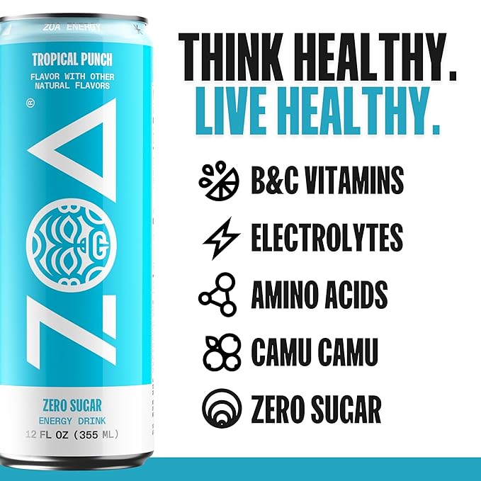 ZOA Zero Sugar Energy Drinks, Tropical Punch - Sugar Free with Electrolytes, Healthy Vitamin C, Amino Acids, Essential B-Vitamins, and Caffeine from Green Tea - 12 Fl Oz (12-Pack)
