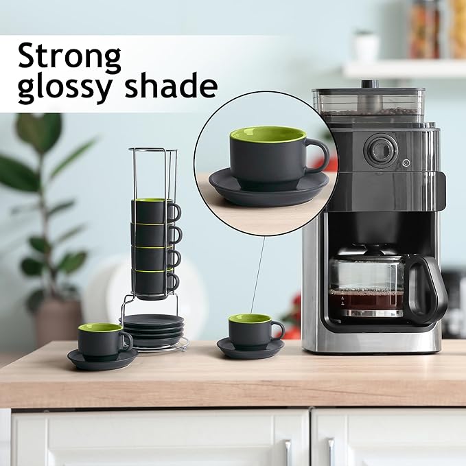 MIAMIO - 2.5 oz Espresso Cup Set with Saucers Set of 6 - Ceramic Coffee Mug Stackable Espresso Mug with Stand for Coffee Drinks, Latte, Cafe Mocha - Le Papillon Collection (Green)