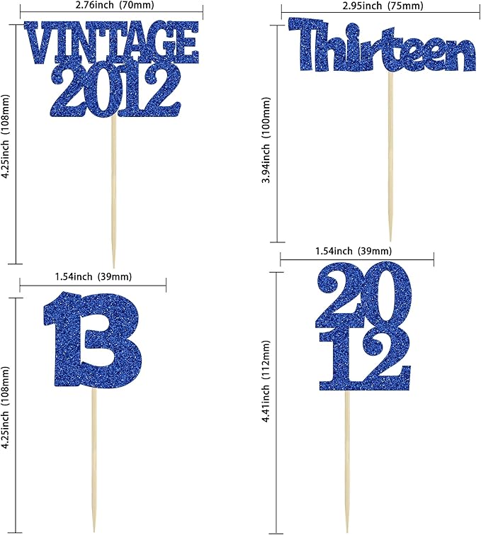 Gyufise 24Pcs 13th Birthday Cupcake Toppers Glitter Thirteen Vintage 2012 Official Teenager 13 Cupcake Picks Birthday Cake Decorations for Happy 13th Anniversary Party Supplies Deep Blue