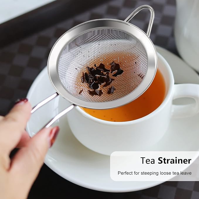 D Fine Mesh Strainer, Stainless Steel Sieve Sifter with Handle, Small Metal Strainer for Loose Tea, Juice, Drink, Herbs, Mini Sifter for Flour, Matcha, Kitchen, Baking, 3-Inch (8x3, Silver)