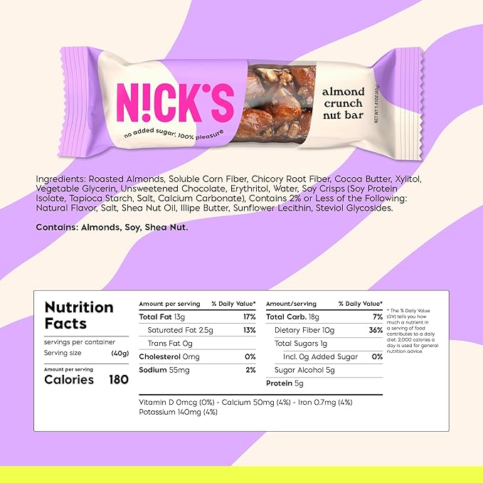 NICK'S Almond Chocolate Snack Bar, Keto Nut Snack for Sports, Hiking, Gaming, Outdoor Activities, 1G sugar, 3G net carbs, healthy snack, (pack of 30)