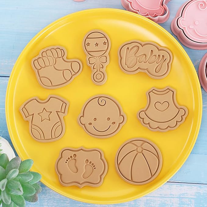 8 Pcs Cute Baby Shower Cookie Cutters for Baking Plastic Cookie Stamps Newborn Party Biscuit Mould Set DIY Fondant Biscuit Stamps Kitchen Tools(L8)