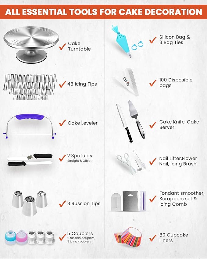 RFAQK 250 PCs Aluminum Cake Decorating Tools Kit with 12" Metal Turntable & Knife set-48 Numbered Icing Tips-3 Russian Piping Nozzles-Straight & Angled Spatula-Cake Leveler& Baking Supplies Tools