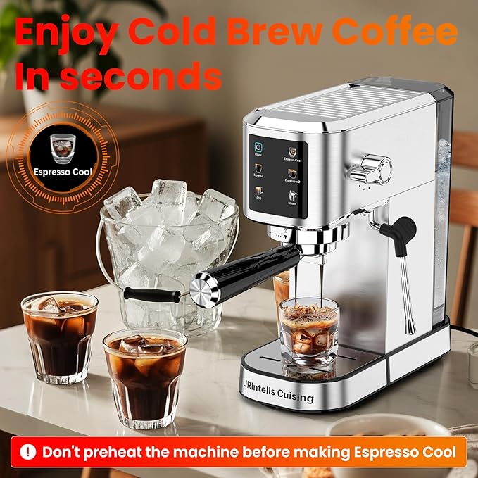 Espresso Machine 20 Bar,Touchscreen Espresso Maker with Steam Milk Frother, Stainless Steel Expresso Coffee Machine for Home with Removable Water Tank for Cappuccino Latte,Cold Brew,Long Coffee