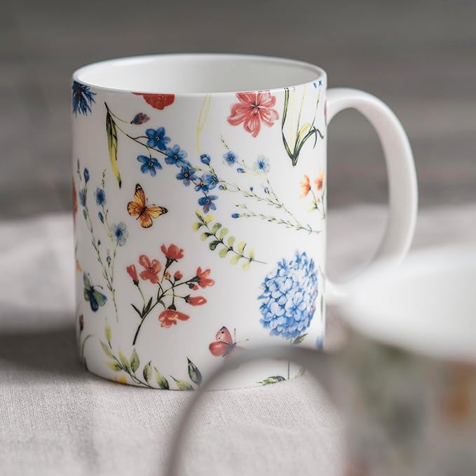Maison d' Hermine Coffee Mug with Handles Fine Bone China Mugs Pack of Two Tea Cups for Hot Beverages Cappuccino Latte Home Restaurant Office Perfect for Gift (Just Floral, 15 Ounce)