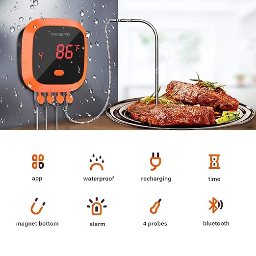 Inkbird Waterproof 150 FT Bluetooth Meat Thermometer IBT-4XC with Magnet, Timer, Alarm and 4 Probes, BBQ Grill Digital Wireless Meat Thermometer for Cooking, Smoker, Kitchen, Oven