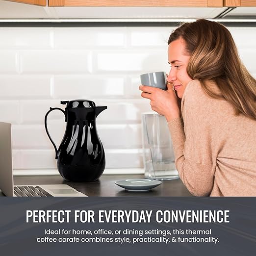 OCS Parts Easy Pour Thermal Coffee Carafe | 10-Inch Insulated Hot and Cold Beverage Pitcher Server for Coffee, Tea, Hot Chocolate and Water with Colored Tags for Easy Idenfication | 42-Ounce | Black