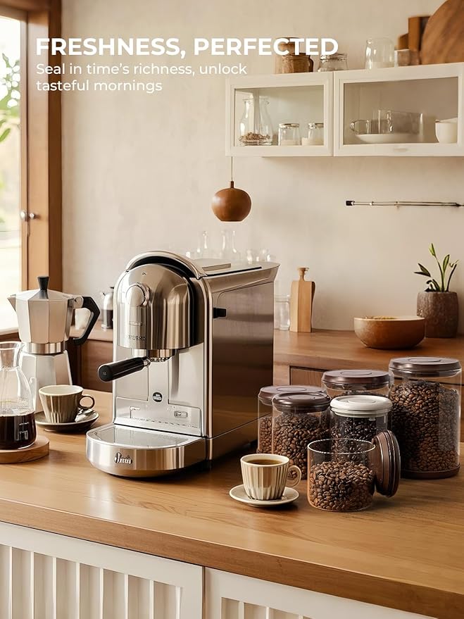 Airtight Coffee Canister, 14 Oz Borosilicate Glass Coffee Bean Storage Container with Pop Lid, CO2 Releasing Valve for Grounds Coffee, Beans, Sugar, 1200ml Brown
