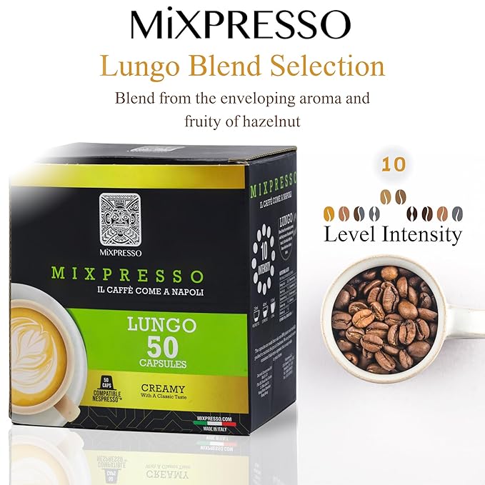 Mixpresso Lungo Coffee Espresso Capsules Compatible With Nespresso Original Brewers, Single Cup Coffee Pods 100% from Italy, Dark Roast 80% Arabica Espresso, 50 Count Coffee Capsule Intensity 10/12