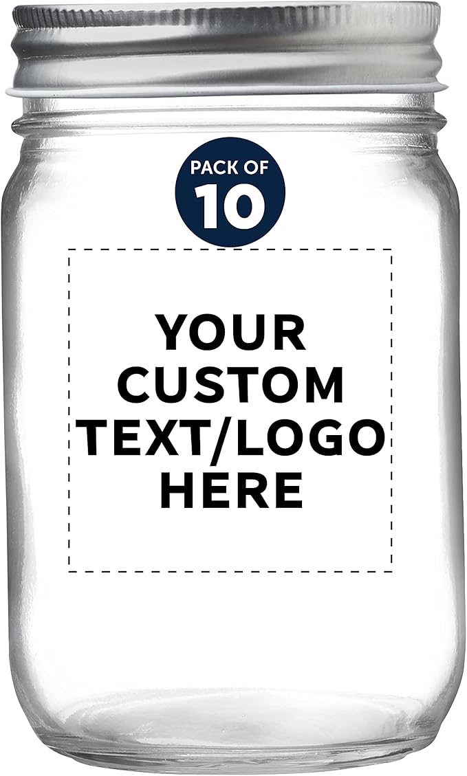 DISCOUNT PROMOS 10 Decorating Mason Jars Set, 12 oz. - Customizable Text, Logo - Canning, Aluminum Lid - Clear