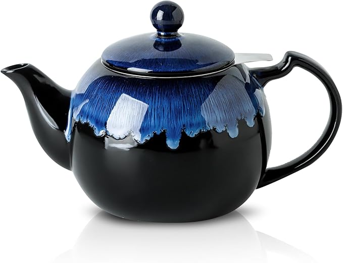 KOOV Tea Pot with Infuser for Loose Tea, 34 ounce Ceramic Teapot with Infuser, Enough For 6 Cups, Tea Pots with Tea Strainers for Tea Party, Reactive Glaze (Nebula Blue)