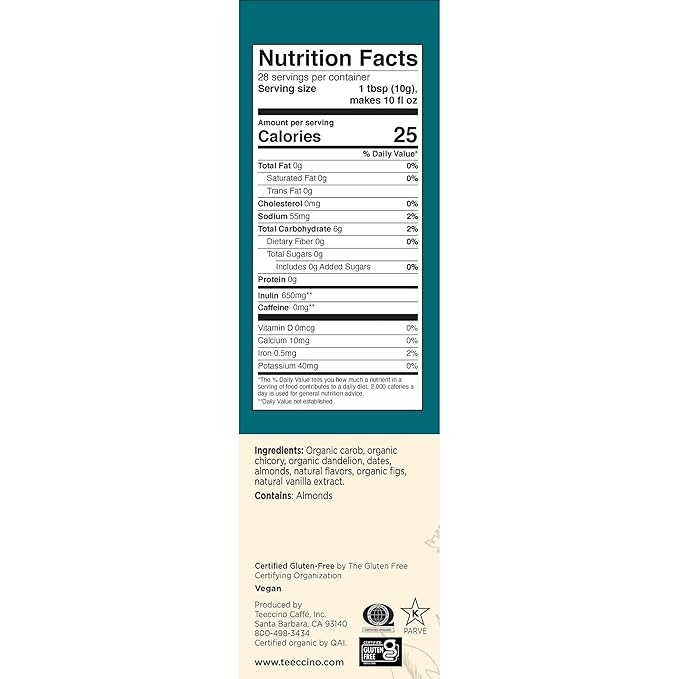 Teeccino Dandelion Vanilla Nut Herbal Coffee - Caffeine-Free Coffee Alternative with Prebiotics, Gluten Free, Acid Free - Medium Roast, 10 oz, Pack of 3