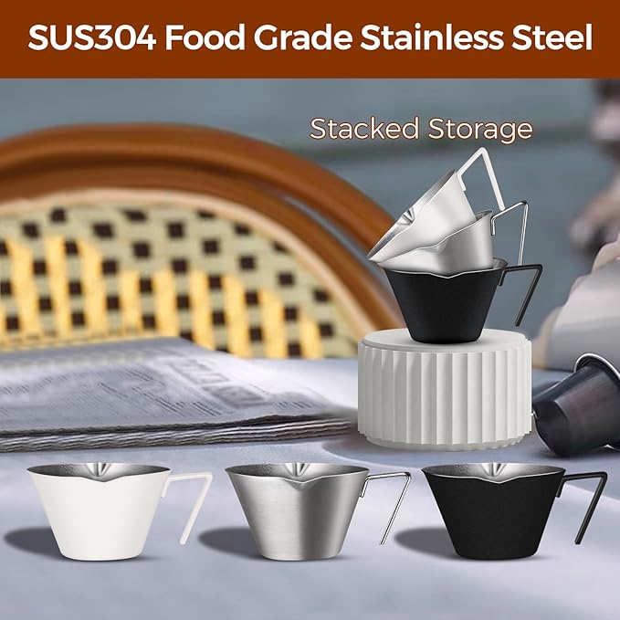 2 Pcs Espresso Cups with Handle, Stainless Steel Espresso Accessories, Double Spout Metal Measuring Cup with Dual Scale, Espresso Shot Cup with V-Shaped Mouth, 3.4OZ/100ML(White)