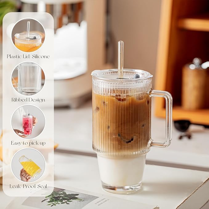 KEMORELA 24 Oz Ribbed Glass Tumblers with Lids and Straws, Tumbler Cup with Handle, Iced Coffee Glassware, Clear Reusable Drinkware for Smoothies and Beverages (1)
