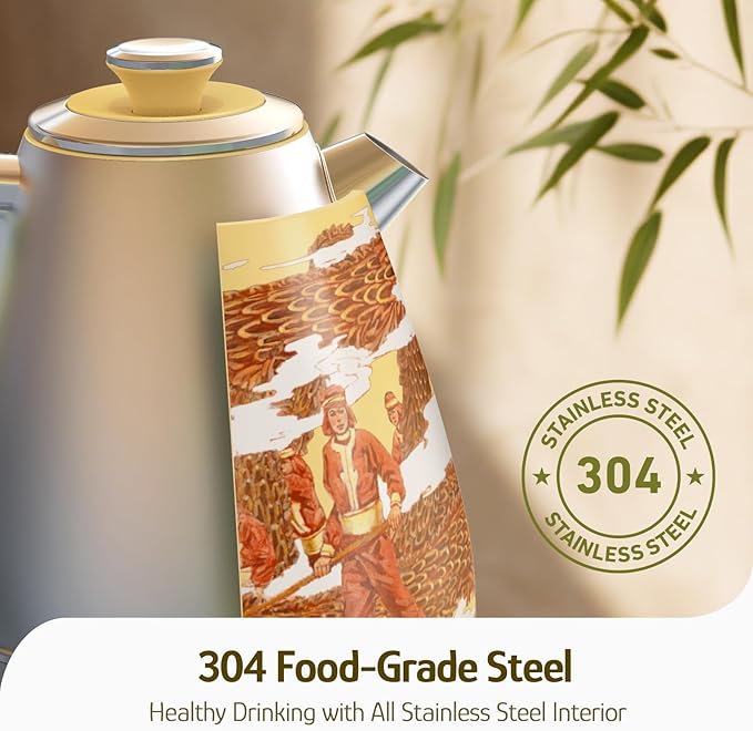 Hazel Quinn Retro Electric Kettle - 1.7 Liters / 57.5 Ounces Tea Kettle with Thermometer, All Stainless Steel, 1200 Watts Fast Boiling, BPA-free, Cordless, Automatic Shut Off - Dragon Dance