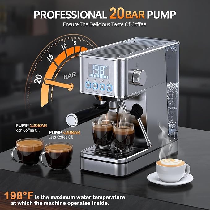 Espresso Machine, 20Bar Compact Stainless Espresso Maker, With Milk Frother Steam Wand, 57.5OZ Removable Water Tank, Displays Making Time & Water Temperature, Cold Brew & Cappuccino, Silver