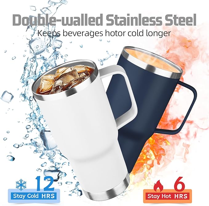 20 oz Tumbler with Handle Stainless Steel Insulated Coffee Mug Tumbler with Lid and Straw Double Wall Vacuum Insulated Coffee Mug Leak Proof Travel Mug Tumbler for Hot and Cold Drink (White,4pack)