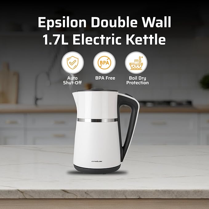 Epsilon Double Wall Electric Kettle 1500W – 1.7L Hot Water Tea Kettle & Hot Water Boiler with Auto Shut-Off, Boil Dry Protection, BPA-Free Stainless Steel Electric Teapot, Fast Boil, Cool Touch Design
